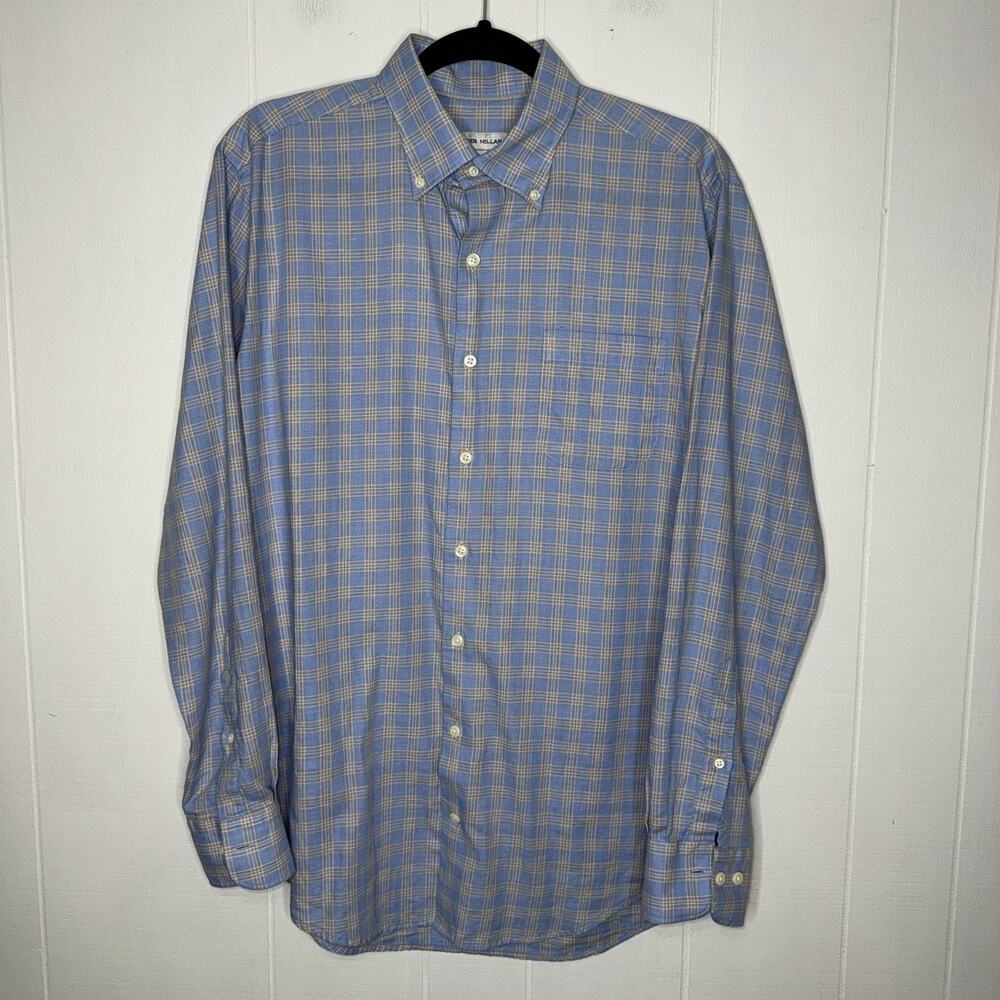 Peter Millar Men’s Cotton Plaid Blue Shirt Long Sleeve Button Up Size Medium